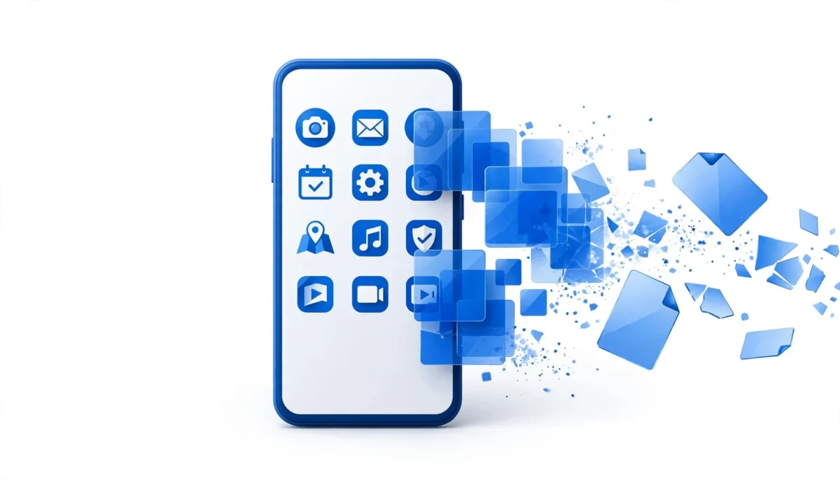 Ένα smartphone με άθικτα εικονίδια εφαρμογών και μπλε πλακίδια που απομακρύνονται.