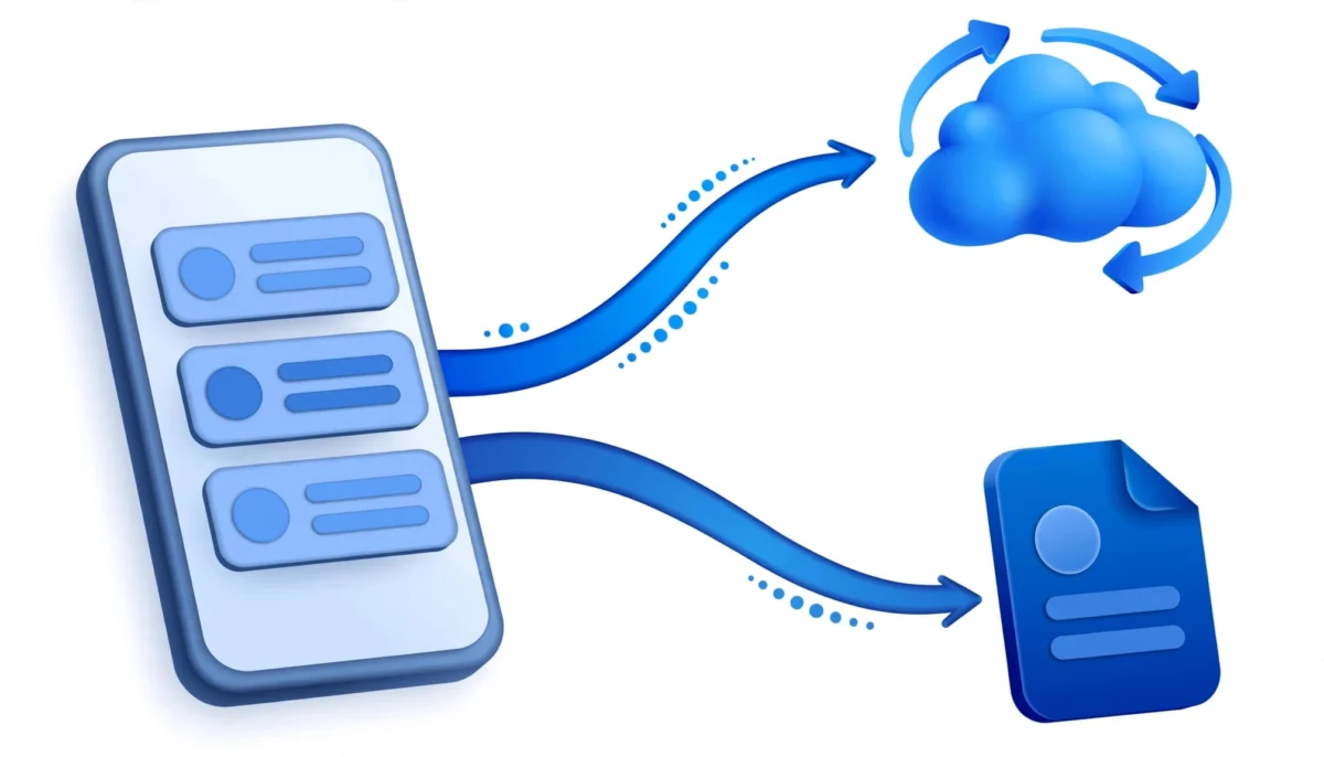 Smartphone με επαφές ανάμεσα σε σύμβολο cloud και εικονίδιο αρχείου vCard.