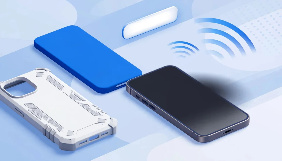 Τρισδιάστατη απεικόνιση smartphone, θηκών και συμβόλων επαφής.