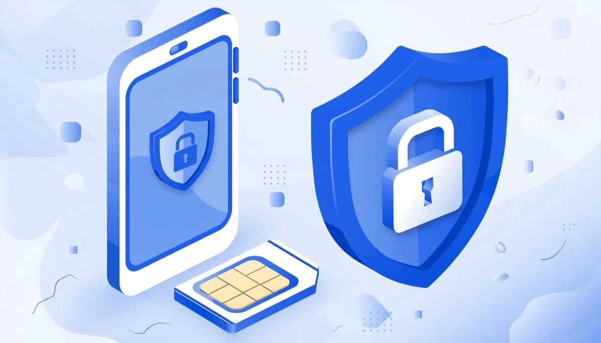 Μοντέρνα 3D απεικόνιση smartphone, κάρτας SIM και μπλε ασπίδας με λουκέτο.