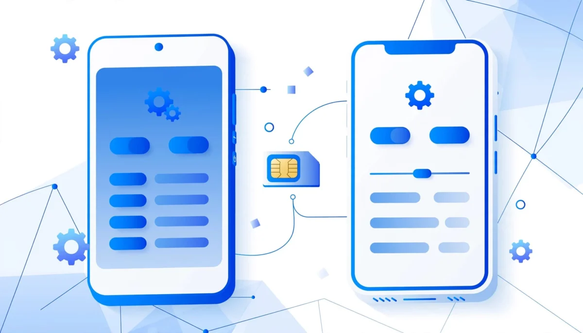 Δύο smartphone με μπλε και λευκά γραφικά, γρανάζια ρυθμίσεων και μια κάρτα SIM στο κέντρο.
