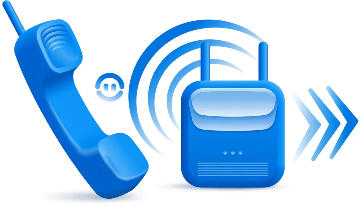 Μπλε ασύρματο τηλέφωνο και βάση router με σήματα σε λευκό φόντο.