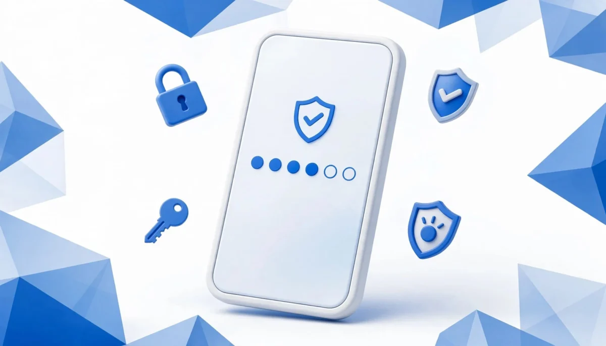 Λευκό smartphone με σύμβολο ασφαλείας και κουκκίδες PIN, πλαισιωμένο από μπλε εικονίδια.