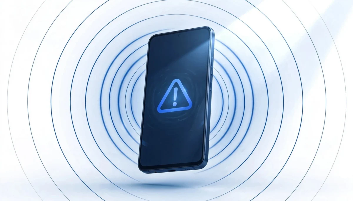 Ένα κινητό Android με σύμβολο SOS και μπλε κύκλους σήματος σε λευκό φόντο.