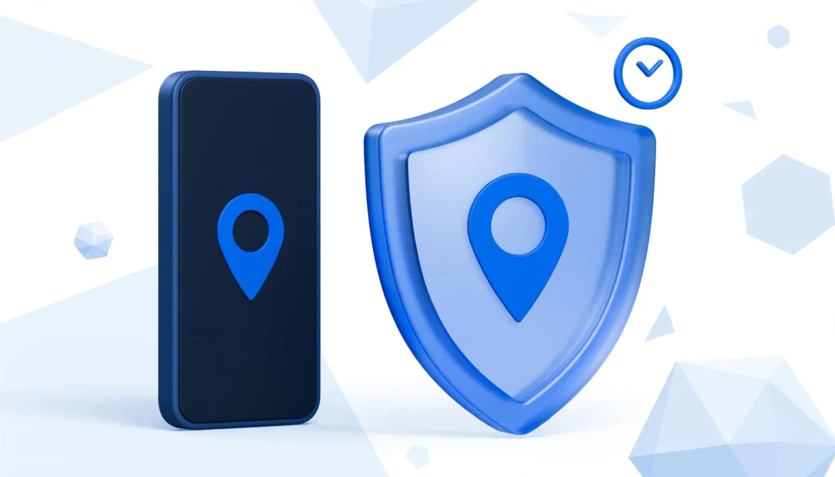 Smartphone με μπλε ασπίδα, δείκτη τοποθεσίας και εικονίδιο ρολογιού.