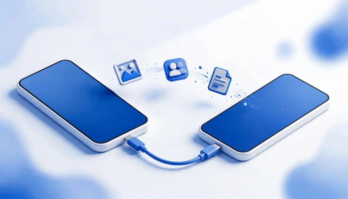 Δύο smartphone συνδεδεμένα με καλώδιο USB-C, με εικονίδια αρχείων ανάμεσά τους.