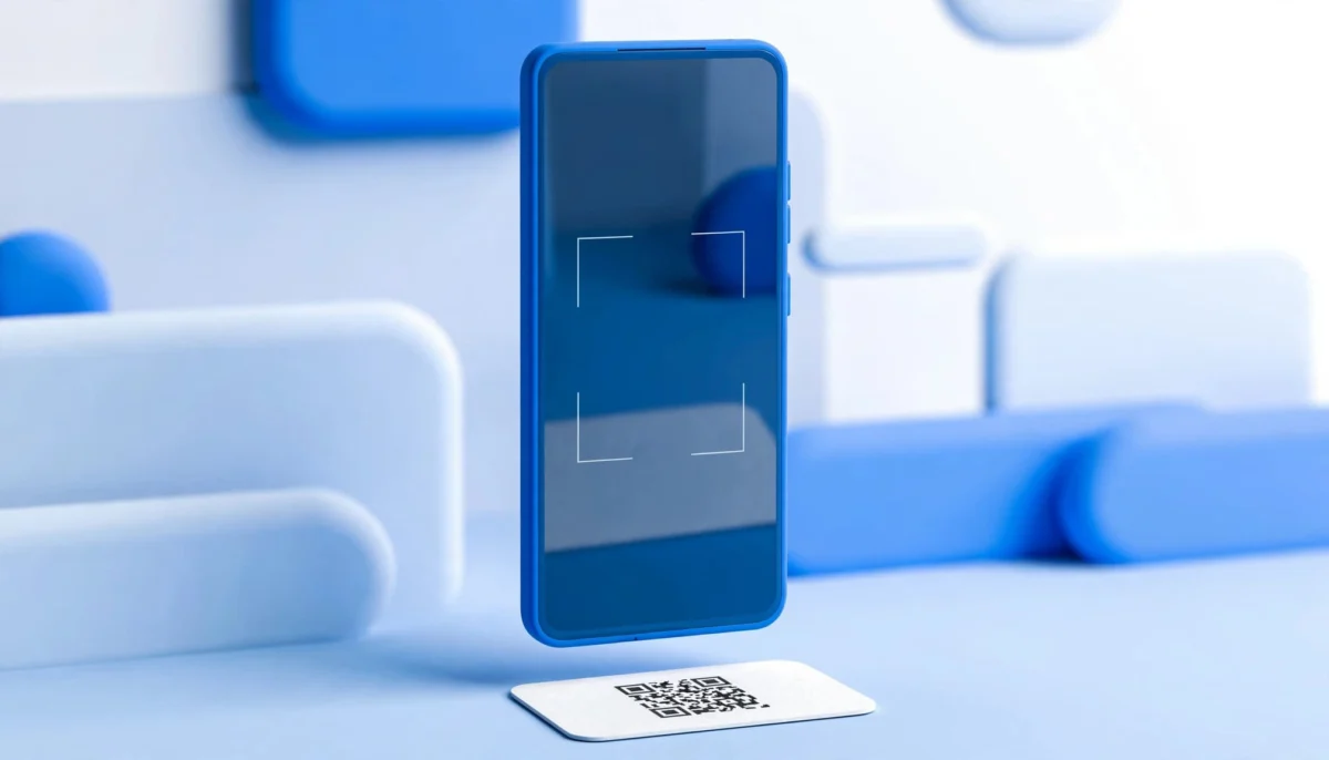 Μπλε κινητό σαρώνει κωδικό QR σε κάρτα πάνω σε τραπέζι καφέ.