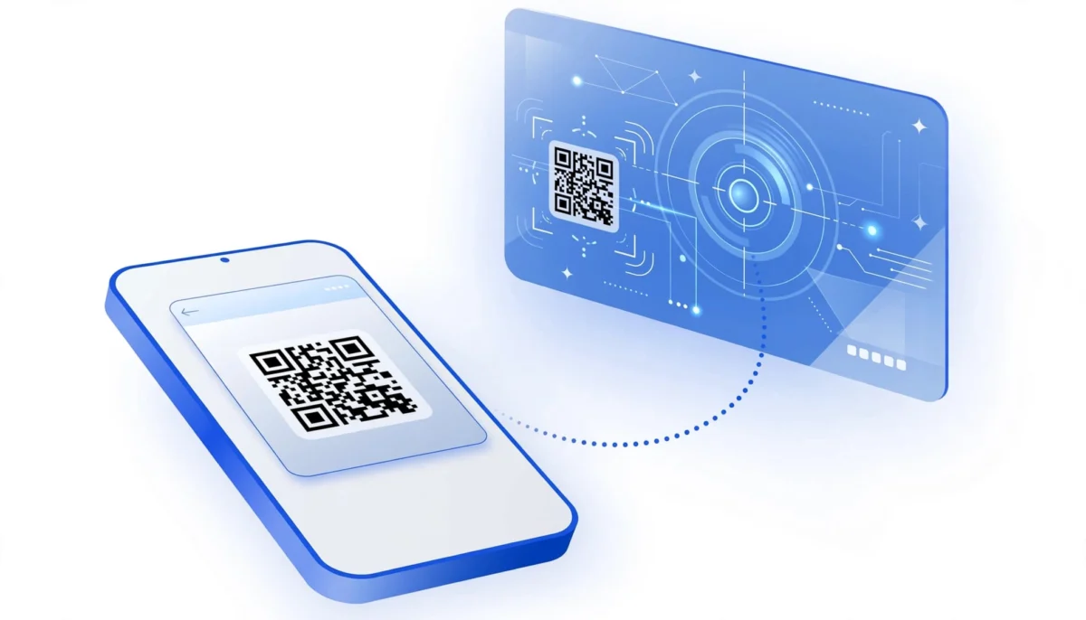Ένα κινητό δείχνει αποθηκευμένο κωδικό QR και ένα πλαίσιο οπτικής αναγνώρισης.