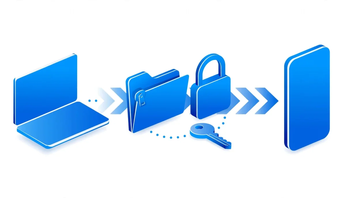 Μπλε αρχείο ZIP, κλειστό λουκέτο και ξεχωριστό κλειδί ανάμεσα σε δύο συσκευές.