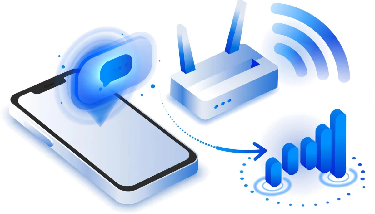Τρισδιάστατη απεικόνιση smartphone, router και σημάτων δικτύου σε μπλε και λευκό.