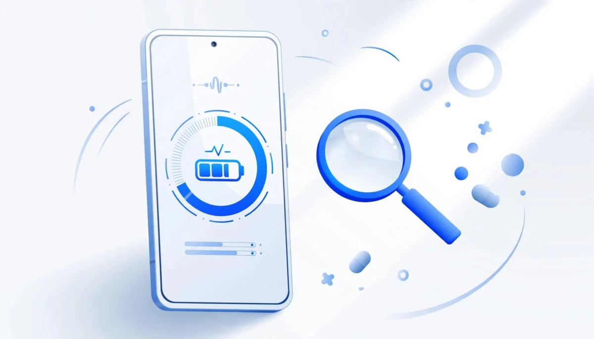 Λευκό smartphone με σύμβολο μπαταρίας και μεγεθυντικός φακός σε μπλε και λευκό.