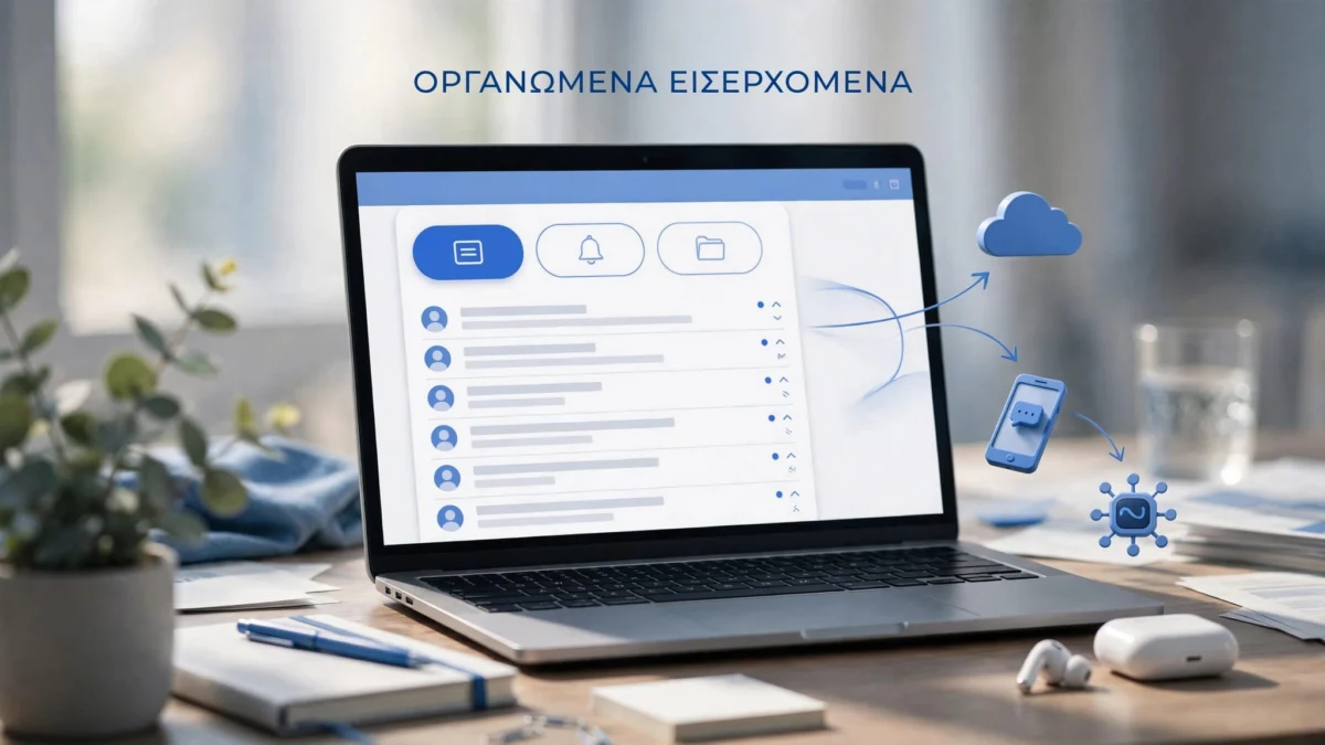 Φορητός υπολογιστής με email ταξινομημένα σε φακέλους μέσω μπλε φίλτρων.