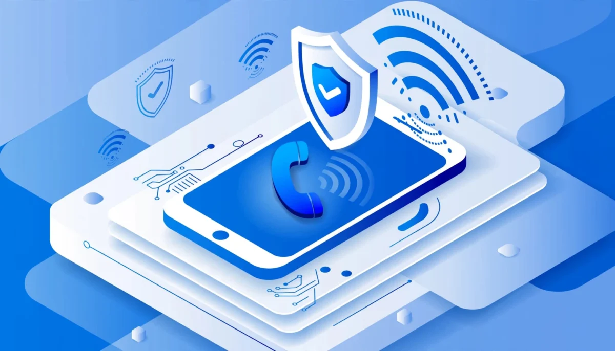 Μοντέρνα 3D απεικόνιση smartphone με ασπίδα προστασίας και εικονίδιο κλήσης σε μπλε και λευκούς χρωματισμούς.