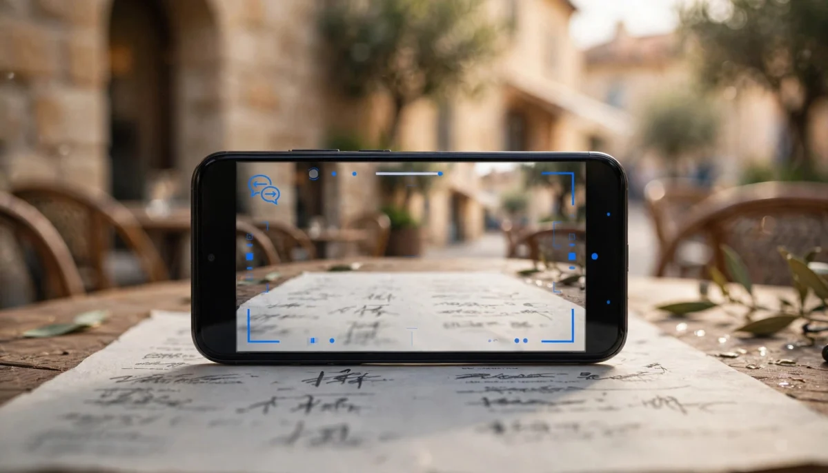 Ένα smartphone πάνω σε σελίδα σε υπαίθριο καφέ με πέτρινα κτίρια στο βάθος.
