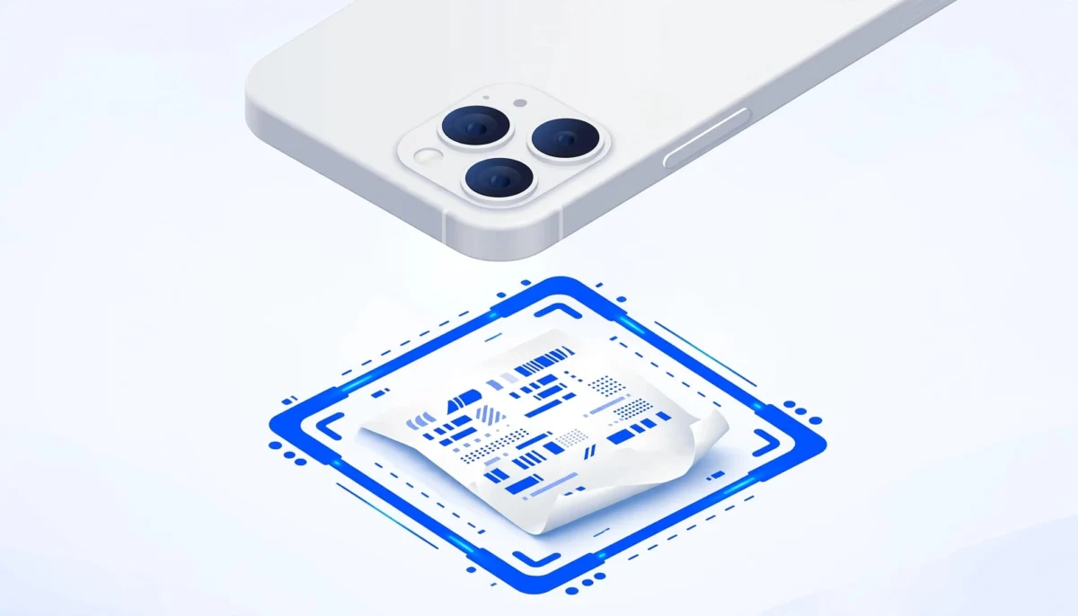 Ένα iPhone σαρώνει απόδειξη αποστολής με μπλε πλαίσιο.