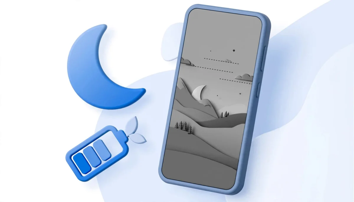 Τρισδιάστατη απεικόνιση smartphone, σελήνης και μπαταρίας σε λευκό και μπλε.